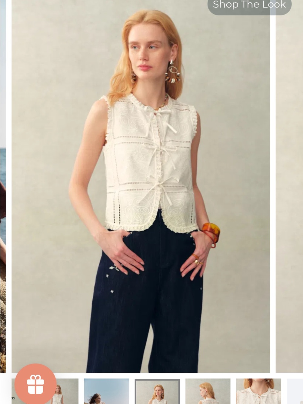 Fabrique Canoe Paisley Floral Cutwork Tie Front Sleeveless Blouse Top in Cotton